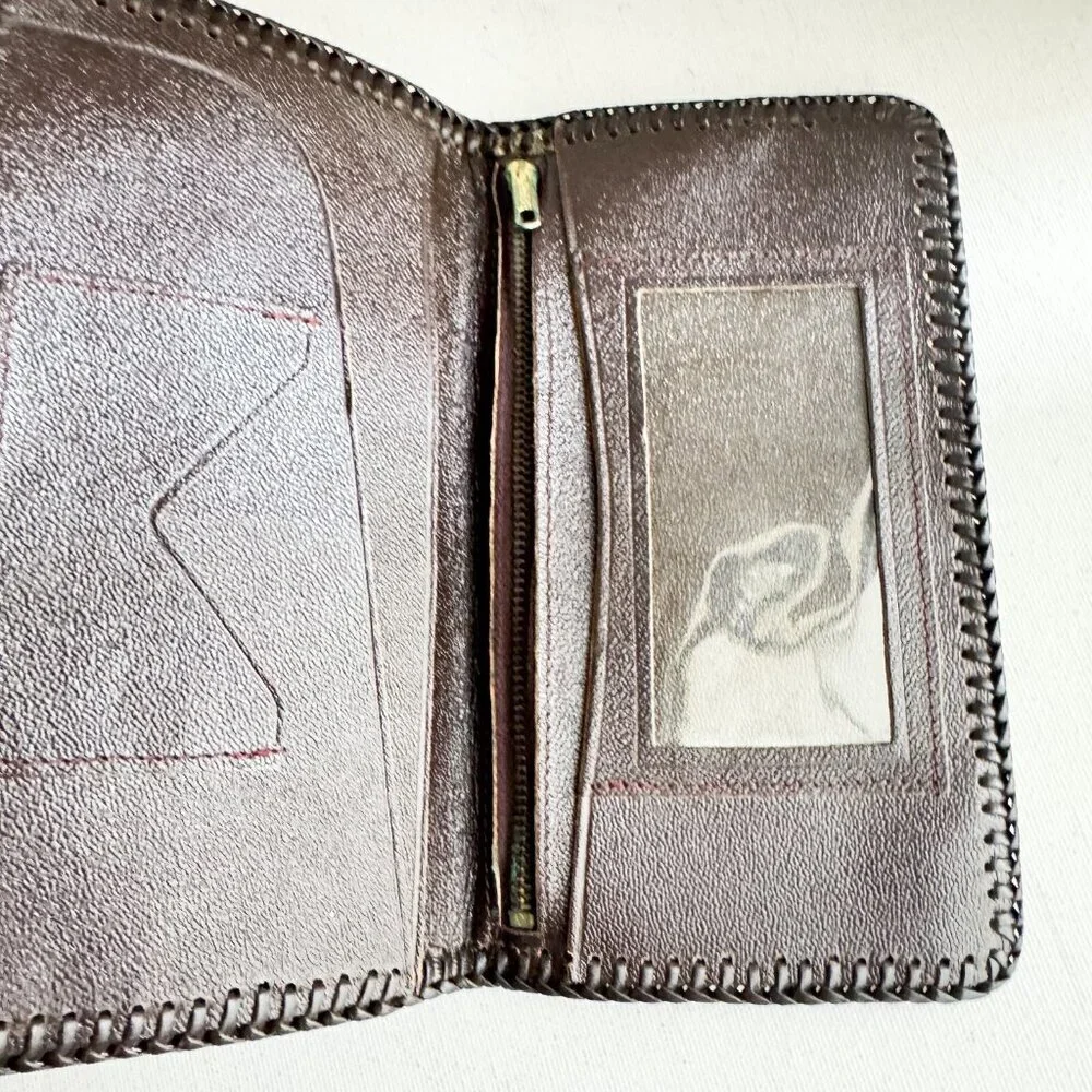 Vintage Hand Tooled Brown Beige Bifold Wallet